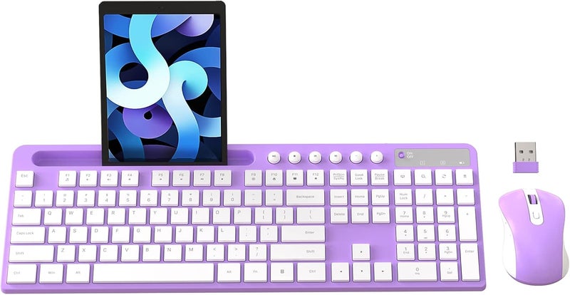 MARVO Wireless Keyboard and Mouse Combo, 2.4G Ergonomic Wireless Computer Keyboard with Phone Tablet Holder, Silent Mouse with 6 Button, Compatible with MacBook, Windows (Purple) - Image 1